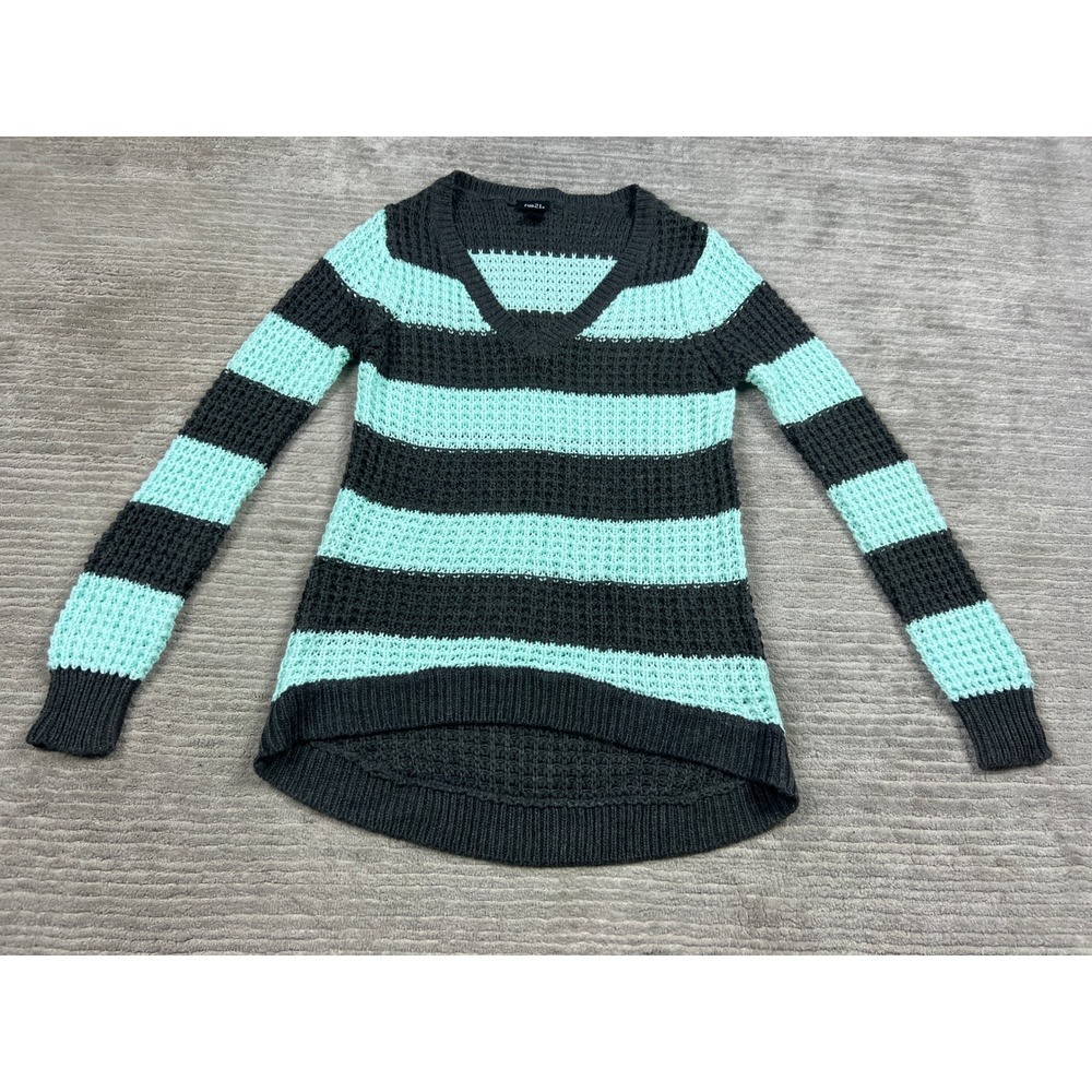 Rue21 Womens Striped Waffle Knit V-Neck High-Low‎ Sweater Grey Mint Green Large